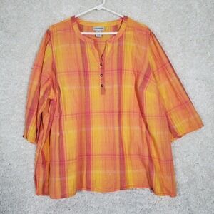 Catherines Women Metallic Plaid Henley Top 2X 3/4 Sleeve Pullover Lightweight